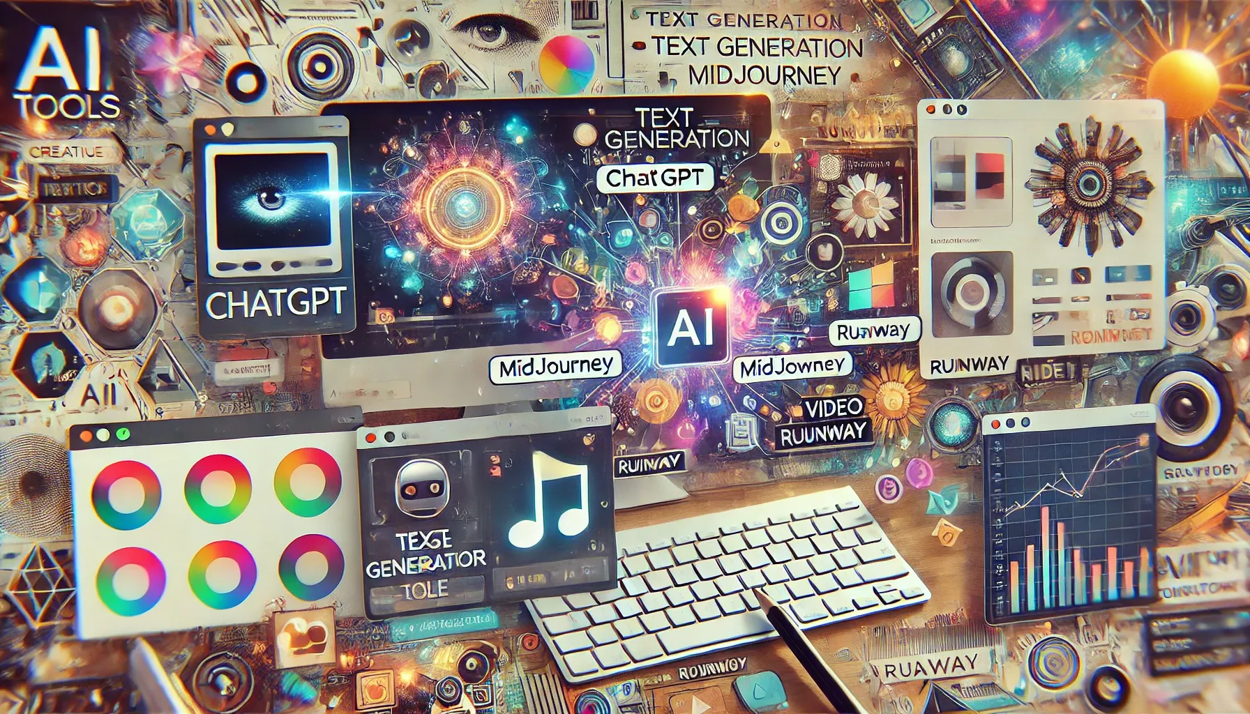 A collage-style image showing interfaces of popular AI tools used in creative work